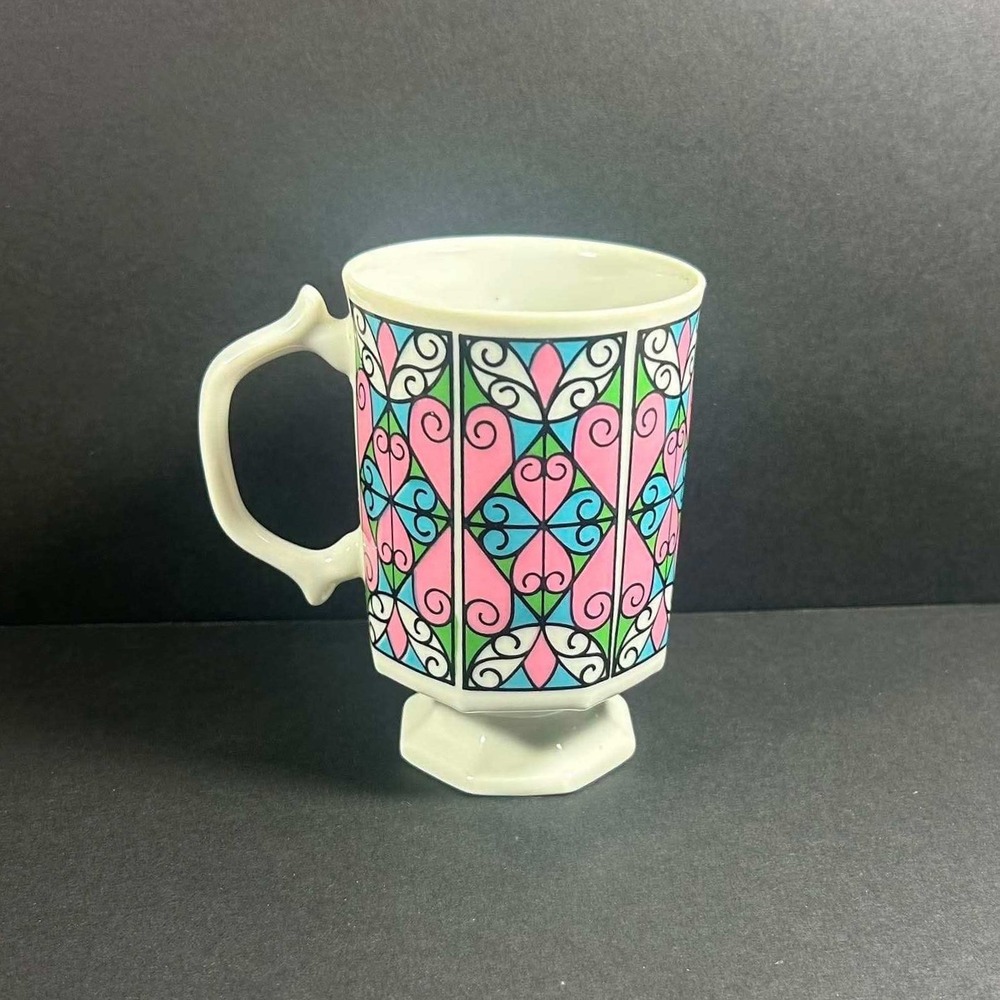 Royal Crown Mug Stained‎ Glass Print Heart Geometric Footed Vintage